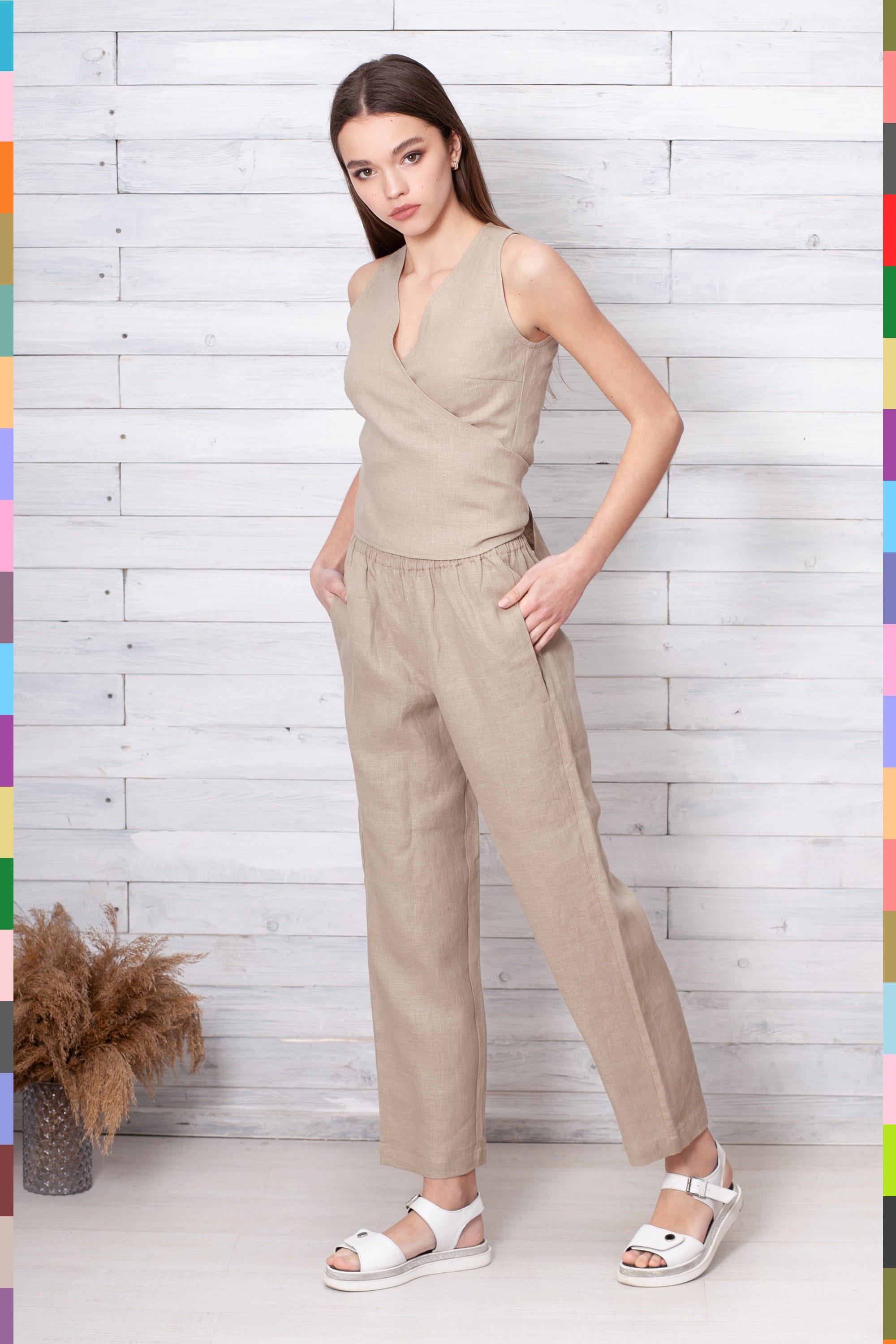 100% Italian Linen. Basic Casual Women's Pants. Certified Flax Trousers.