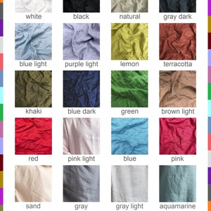 May include: A chart of 18 fabric swatches in various colors, including white, black, natural, gray dark, blue light, purple light, lemon, terracotta, khaki, blue dark, green, brown light, red, pink light, blue, pink, sand, gray, gray light, aquamarine, violet, gold, salmon, and chocolate.