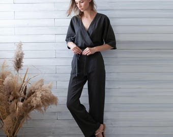 Italian Linen Jumpsuit. Flax Kimono Romper. Linen Overall For Women. 24 Colors.