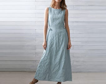 Vestido de lino color aguamarina con cinturón. Vestido cruzado de lino. Vestido de verano. Ropa de playa.