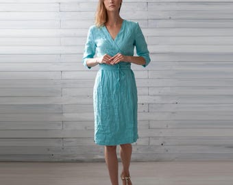 100% Italian Linen. Washed Flax Fitted Dress. Wrapped Midi Dresses. Summer Clothing.