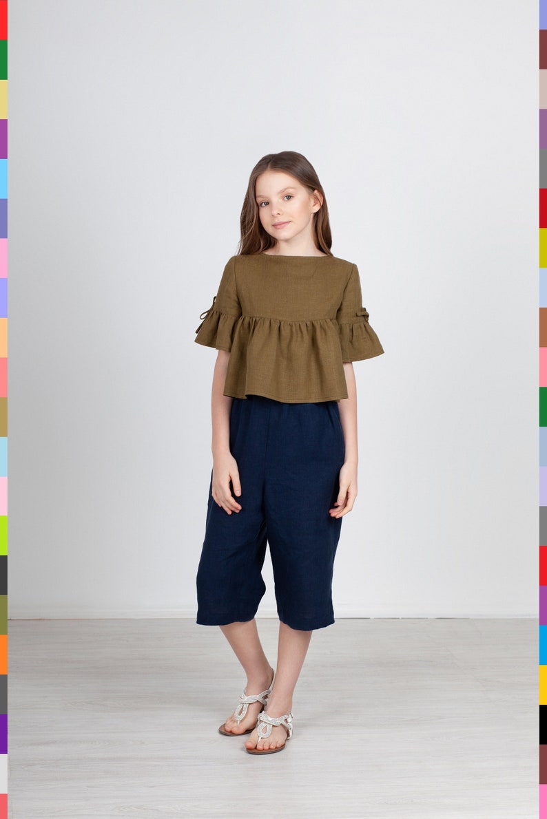 Khaki Kids Top. Girls Pocket Top. Kids Linen Clothes. Simple Kids Tunic. 100% Pure Linen Italy. image 1