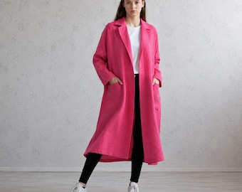 Linen Duster Coat. Women Fall Overcoat. Italian Flax Jacket With Pockets. Autumn Outerwear.