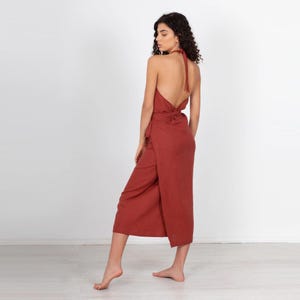 100% Italian Linen. Terracotta Dress. Backless Apron. Pinafore Dresses. Italian Flax Wrap Outfit.