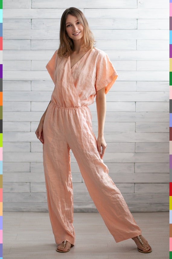 Pink Linen Jumpsuit. Wrap Flax Romper. Summer Jumper. Linen Overall. Casual  Playsuit. Salmon Jumpsuit. 100% Pure Linen italy 