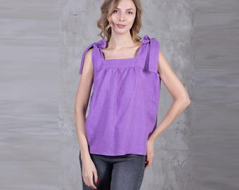 100% Italian Linen. Tie Strap Top. Sleeveless Blouse. Washed European Flax Top. Tied Shoulder.