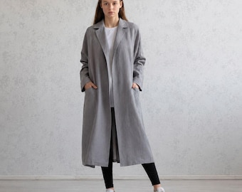 Fall Linen Trench. Women Coat With Pockets. Oversized Flax Jacket. Autumn Outerwear.