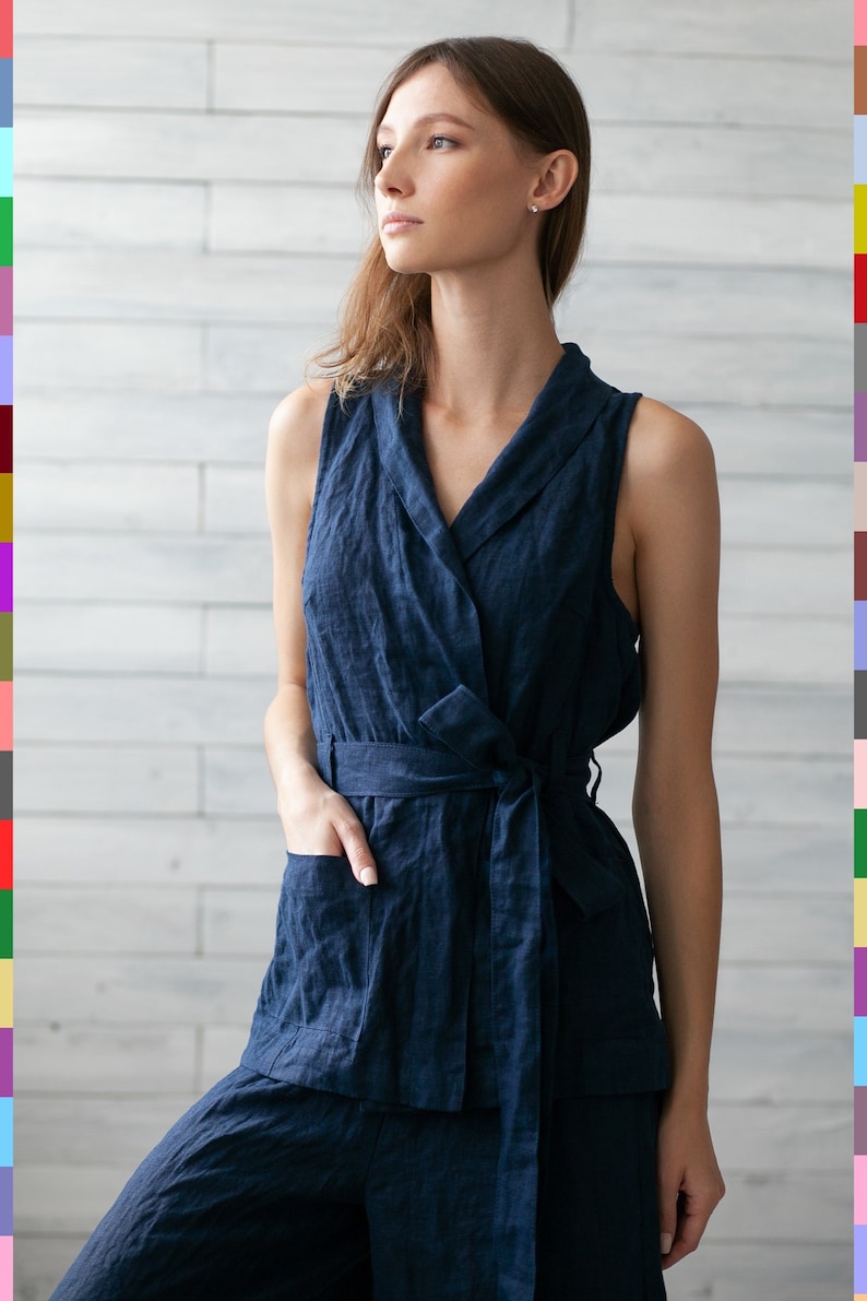 Top & Bottom Set. Ärmellose Kimono Robe. Leinen Weithose. Reines europäisches Leinen. Bild 3