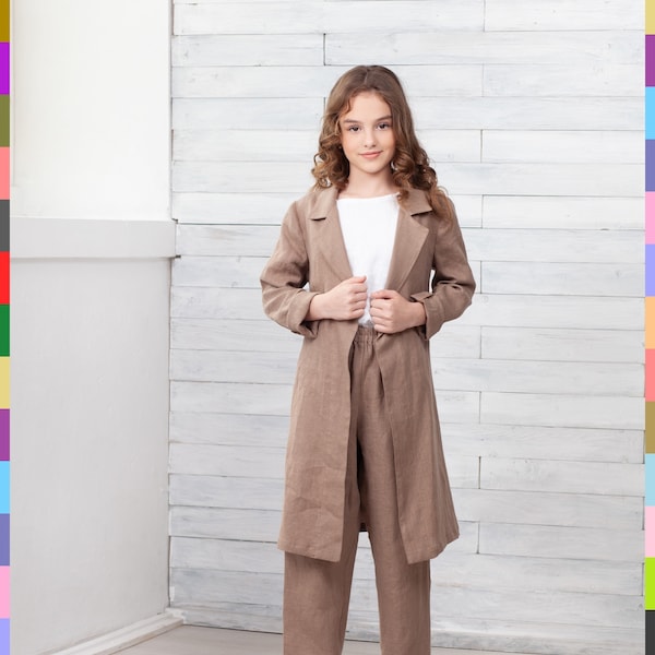 Brown Kids Coat. Girls Flax Trench. Childrens Jacket. Summer Kids Coat. 100% Pure Linen (Italy).