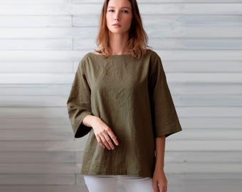 100% Italian Linen. Women's Tunic. Soft Oversized Shirt. Loose Flax Blouse. Top Linen.