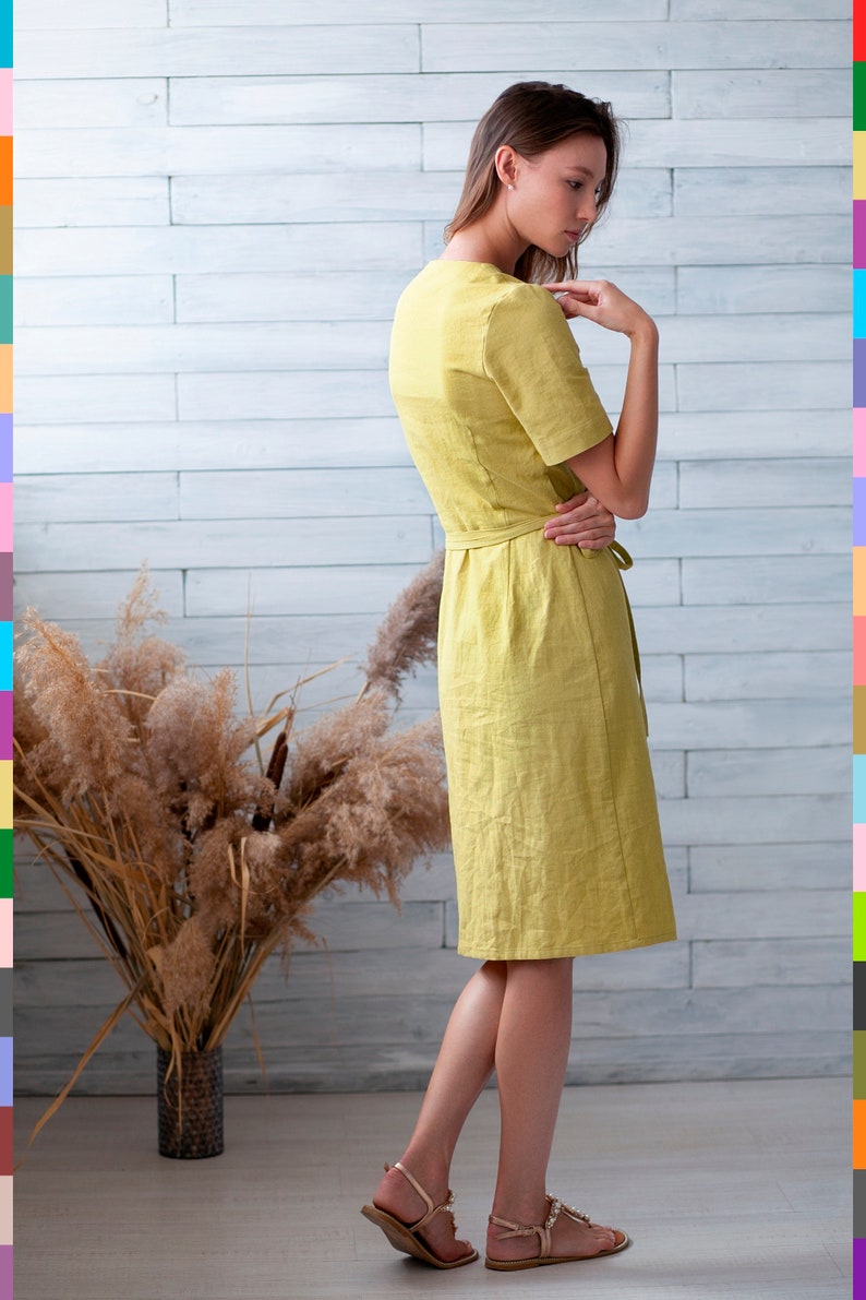 Yellow Linen Dress. Linen Wrap Dress. Bestseller Dress. Washed Linen Dress. Natural Linen Dress. 100% Pure Linen Italy image 4