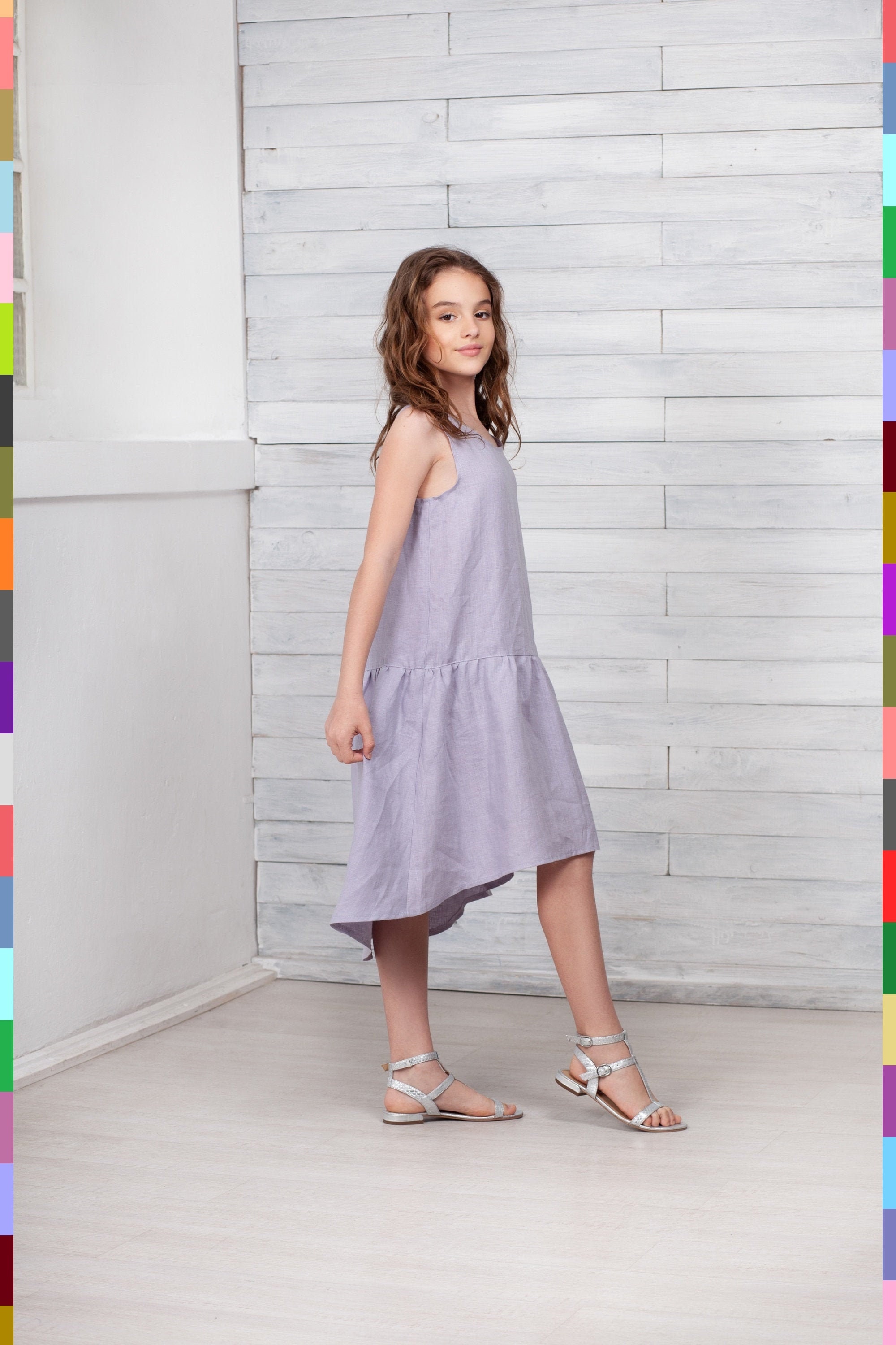 Purple Kids Dress. Asymmetrical Skirt. Children Linen Tunic