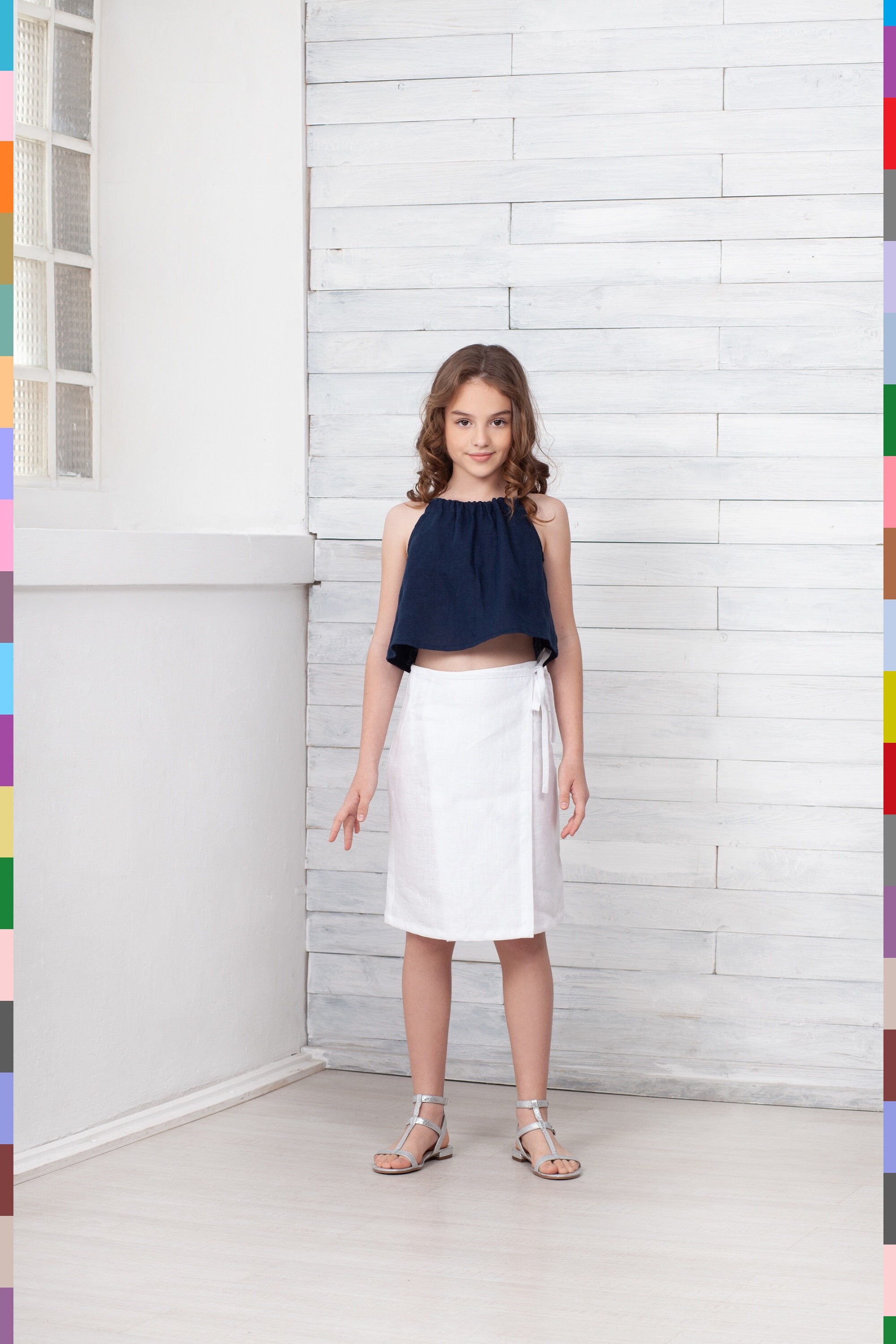 スカート papier Enfant wrapped skirt / White White Kids Skirt. Wrap Girls Skirt. Midi Teen Skirt. Summer