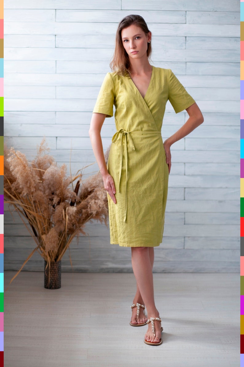 Yellow Linen Dress. Linen Wrap Dress. Bestseller Dress. Washed Linen Dress. Natural Linen Dress. 100% Pure Linen Italy image 1