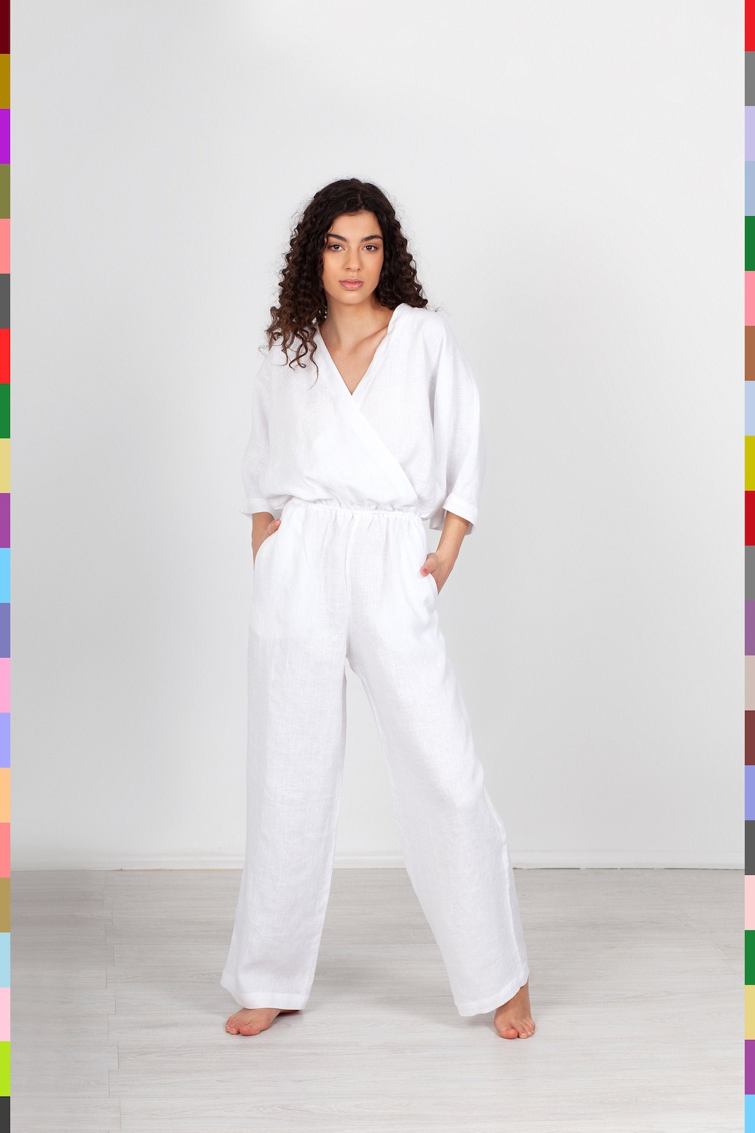 White Linen Jumpsuit. Wrap Flax Romper. Summer Jumper. Linen Overall ...