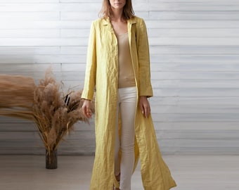 Yellow Linen Jackets. Flax Peacoat. Long Summer Trench Coats. Maxi Linen Coat