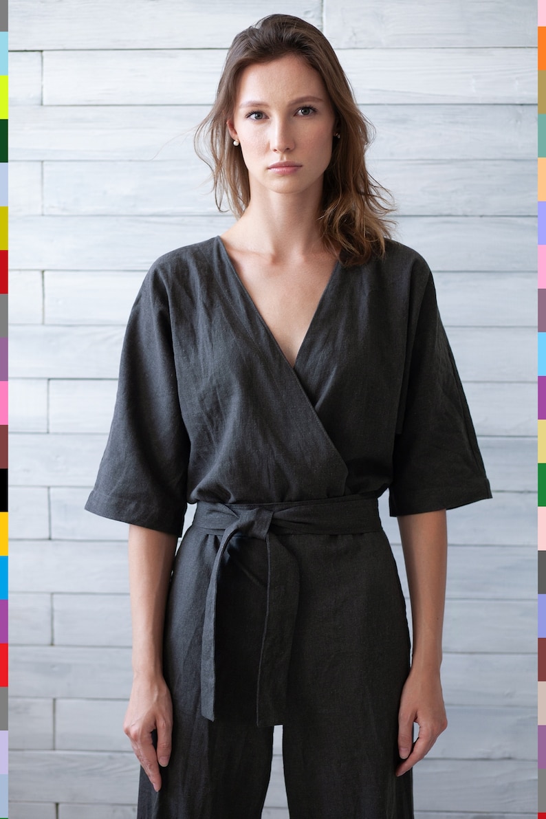 Wrap Linen Jumpsuit. Gray Flax Romper. Linen Jumper. Grey Romper With Belt. 100% Pure Linen Italy image 4