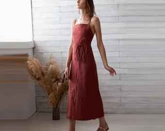 100% Italian Linen. Terracotta Flax Dress. Every Day Dress. Wrap Summer Dresses.