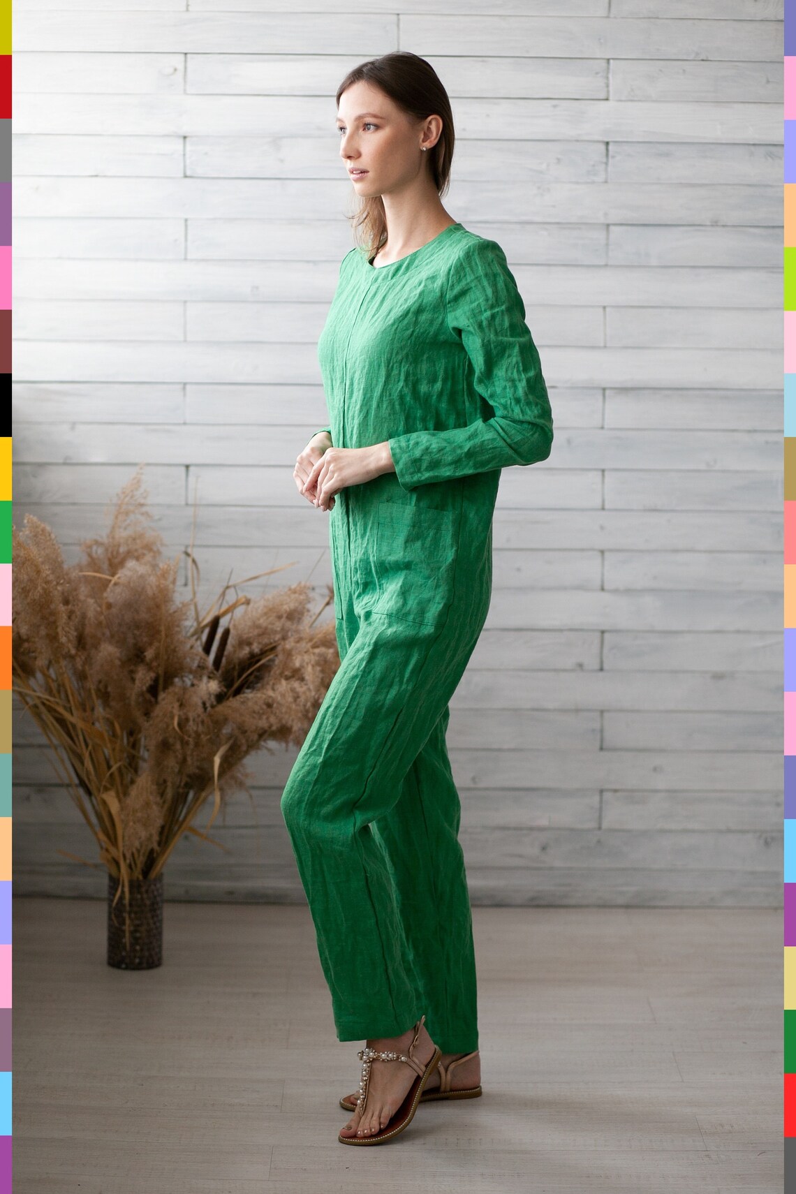 Linen Print Square Neck Back Lace up Jumpsuit-Green