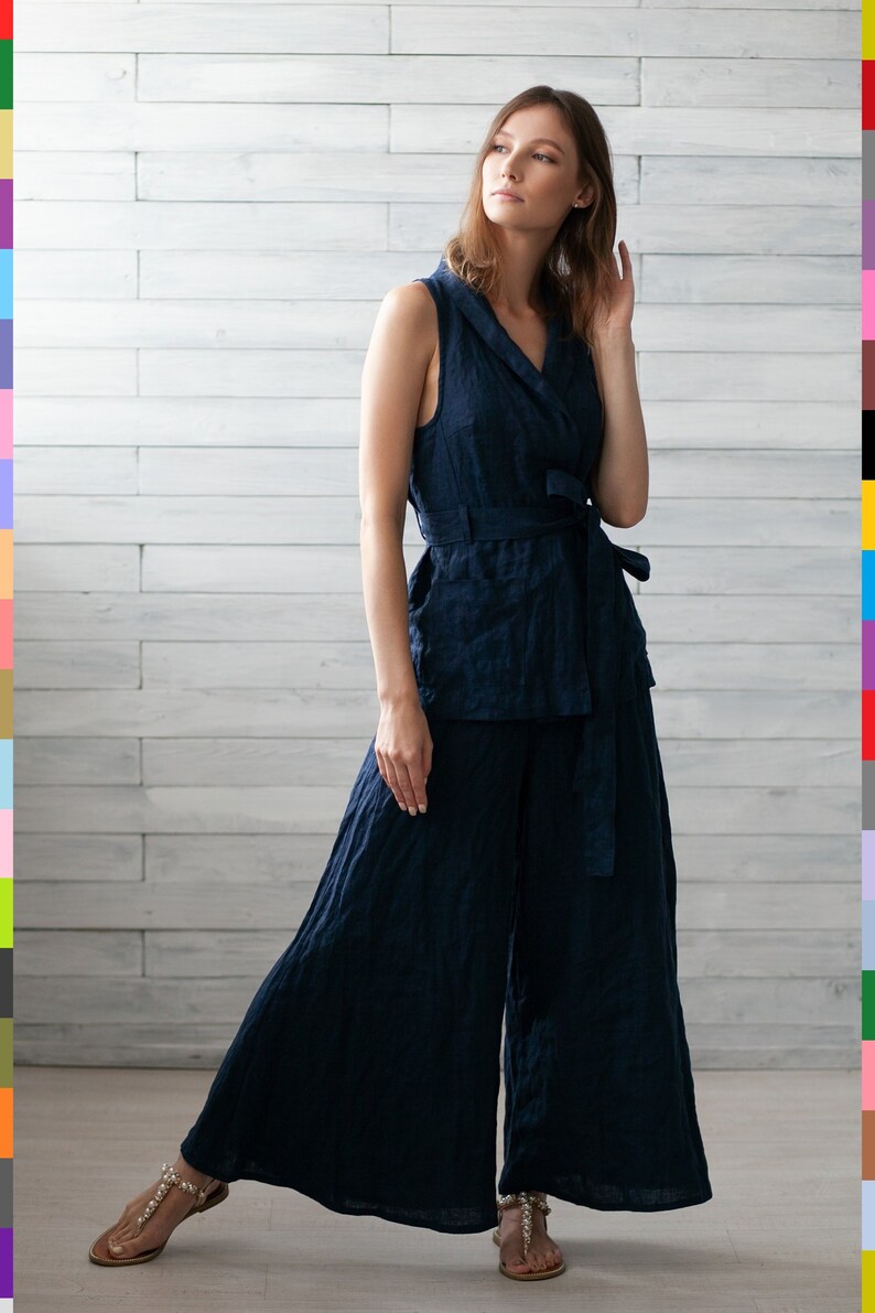 Top & Bottom Set. Ärmellose Kimono Robe. Leinen Weithose. Reines europäisches Leinen. Bild 5