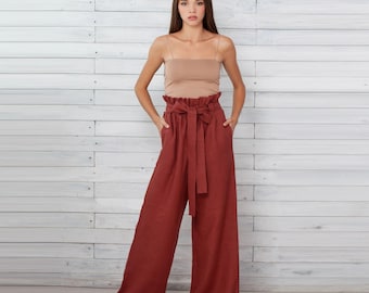 100% Italian Linen. Women's Pants. Natural Flax Trousers. High Waist Pants. Loose Legs.