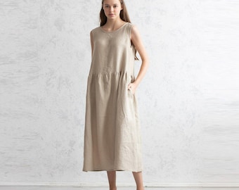 100% Italian Linen. Natural Dress. Simple Linen Dresses. Long Clothing. Comfortable Style. Everyday Outfit.
