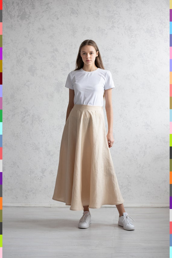 Sandy Skirt. Linen Full Skirt. Calf Length Skirts. High Waisted