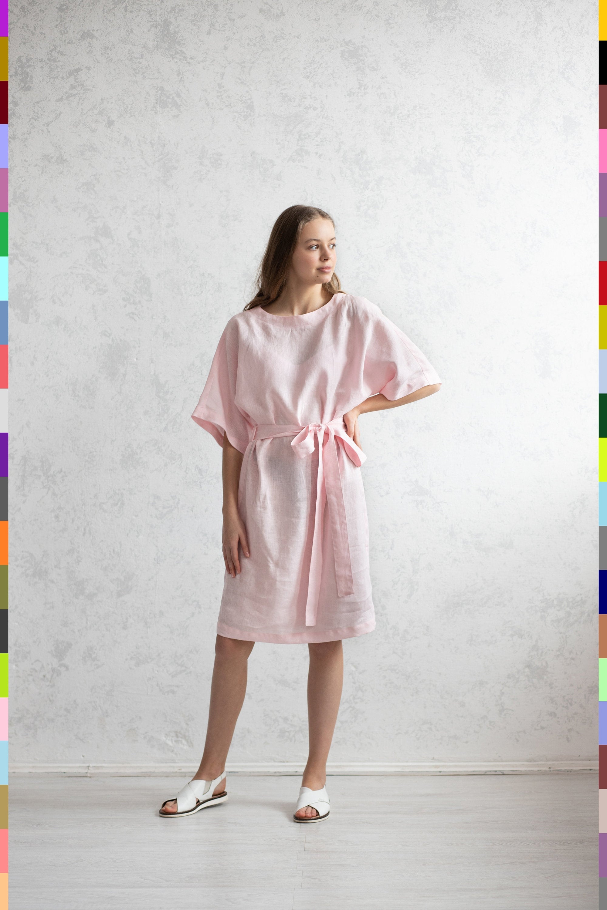 pale pink linen dress Midi Linen Wrap Dress in Pale Pink