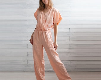 Women Loose Costume. Flax Clothing. Light Pink Jumpsuit. Natural Dungarees. 24 Colors.