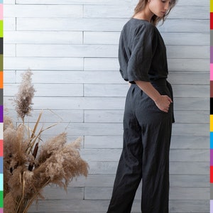 Wrap Linen Jumpsuit. Gray Flax Romper. Linen Jumper. Grey Romper With Belt. 100% Pure Linen Italy image 3