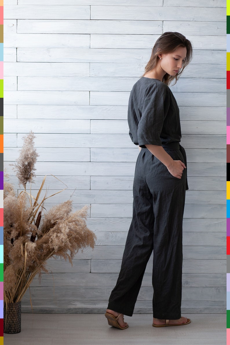 Wrap Linen Jumpsuit. Gray Flax Romper. Linen Jumper. Grey Romper With Belt. 100% Pure Linen Italy image 3
