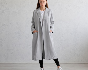 Italian Linen Coat. Pure Flax Trench. Silver Oversized Women Jacket. Minimalist Long Coat.