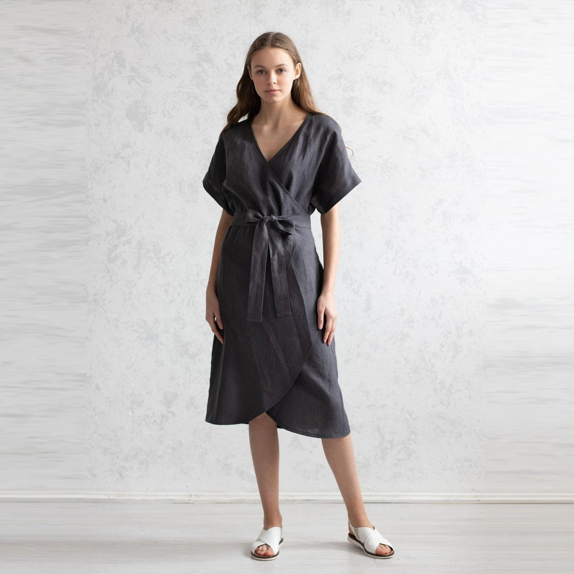 grey wrap dress Italian linen women's this elegant and timeless linen piece is available in a variety of colors Rick Owens Draped Wrap Midi