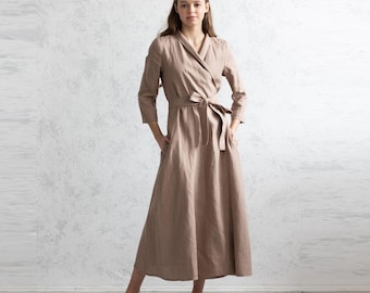 100% Italian Linen. Elegant Dress. Beige Dress. Long Sleeve Flax Dresses. Office Casual.
