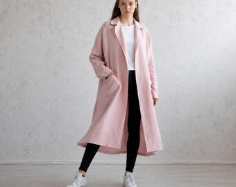 Women Linen Trench. Italian Flax Coat. Oversized Autumn Jacket. Minimalist Long Outerwear.