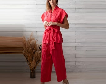 Japanese Jinbei Set. Linen Kimono Pants Sets. Women's Top & Bottoms. Summer Vacation Outfit.