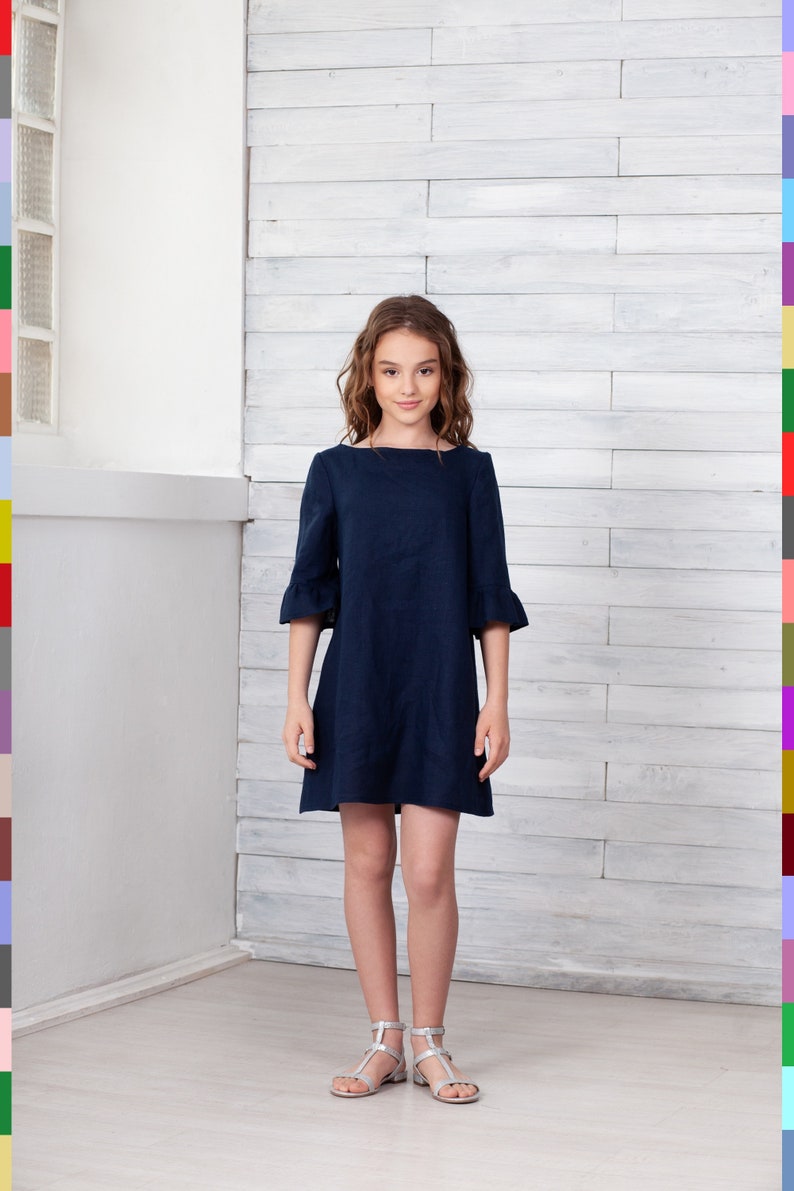 Navy Blue Dress. Flutter Sleeve Dress. Summer Girls Dress. Dress With Flounces. Kids Linen Clothing. 100% Pure Linen Italy. image 2