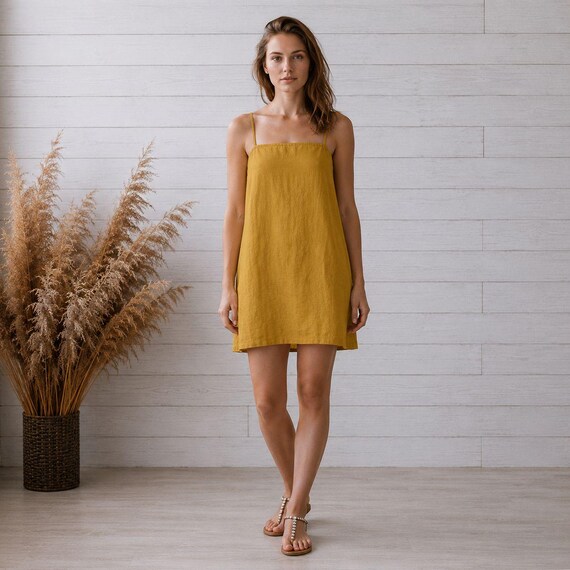holiday linen dresses Gold Dress. Summer Dress. Pure Soft Flax Italy. Designer Basic Beach dresses