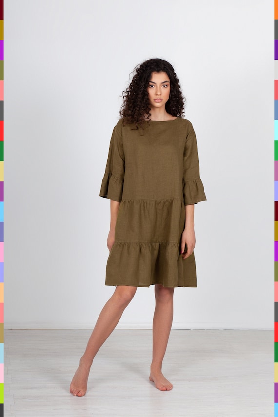 100% Italian Linen. Flax Cocktail Dress. Casual Dresses. Natural Overall Dress. Made In Italy.