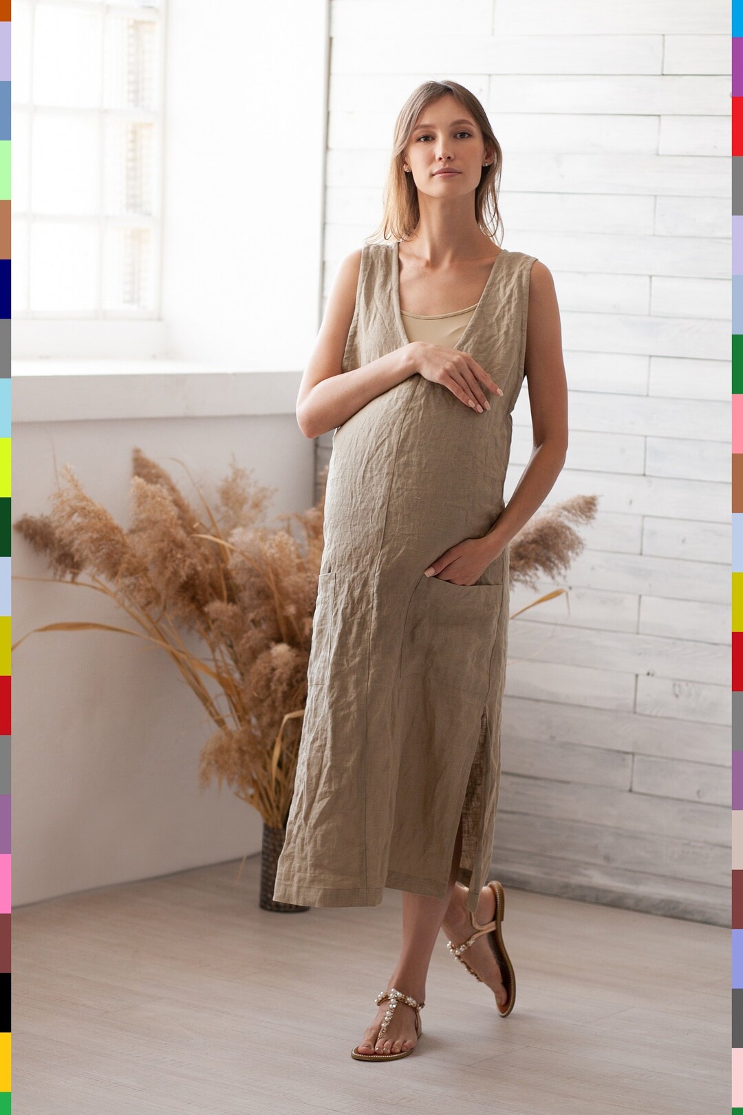 Beige Linen Smocked Top and Pants Maternity Set main image 1