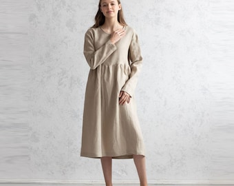100% Italian Linen. Beige Dress. Loose Fit Dresses, Handmade Women's Clothing. Oversized Long Dress.