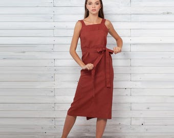 100% Italian Linen. Tunic Flax Dresses. Terracotta Dress. OEKO TEX Certified.