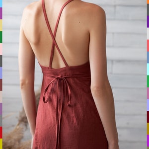 Terracotta Dress. Wrap Flax Dress. Cross Back Dress. Halter Dress. Pinafore Dress. 100% Pure Linen Italy image 5