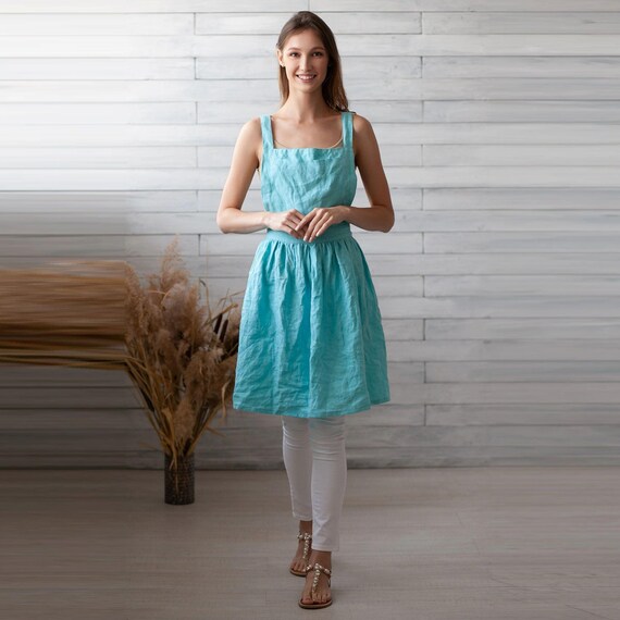 100% Italian Linen. Turquoise Vacation Dress. Fit Flare. Linen Pastel Apron  Dresses. Sleeveless Aprons. - Etsy