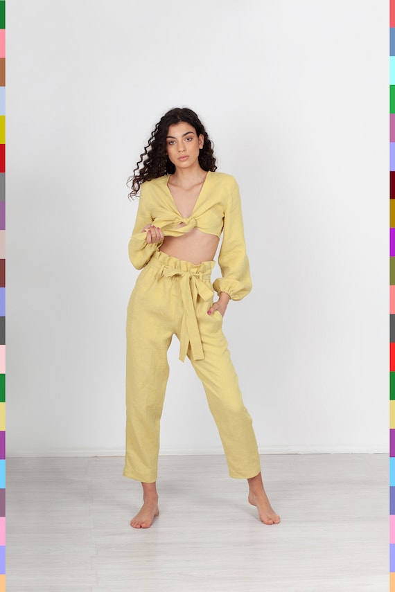 Yellow Linen Pants. Flax Pants. Linen Trousers. Tapered Women