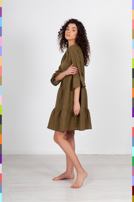 Khaki linen dress cheap