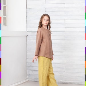 Brown Kids Shirt. Kids Flax Tunic. Simple Kids Blouse. Long Sleeve Shirt. 100% Pure Linen Italy zdjęcie 2