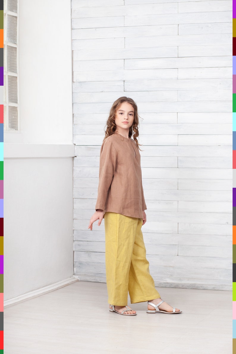 Brown Kids Shirt. Kids Flax Tunic. Simple Kids Blouse. Long Sleeve Shirt. 100% Pure Linen Italy zdjęcie 2