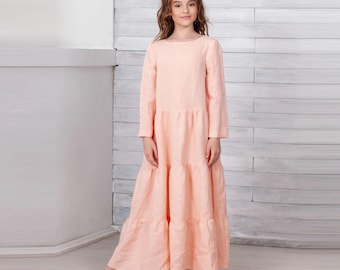 Kids Maxi Dress. Boho Kids Dresses. Children's Flax Outfit. Breathable Fabric. Modern Clothing.