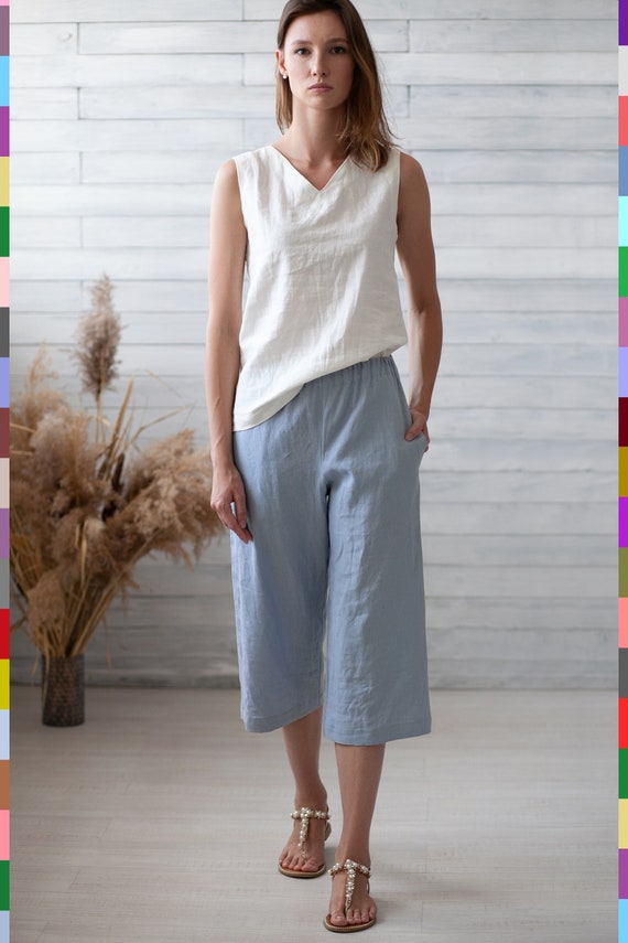 Blue Linen Capri. Сulottes Linen Pants. Natural Flax Pants. Loose Linen  Pants. Wide Pants. Blue Trousers. 100% Pure Linen italy -  Canada